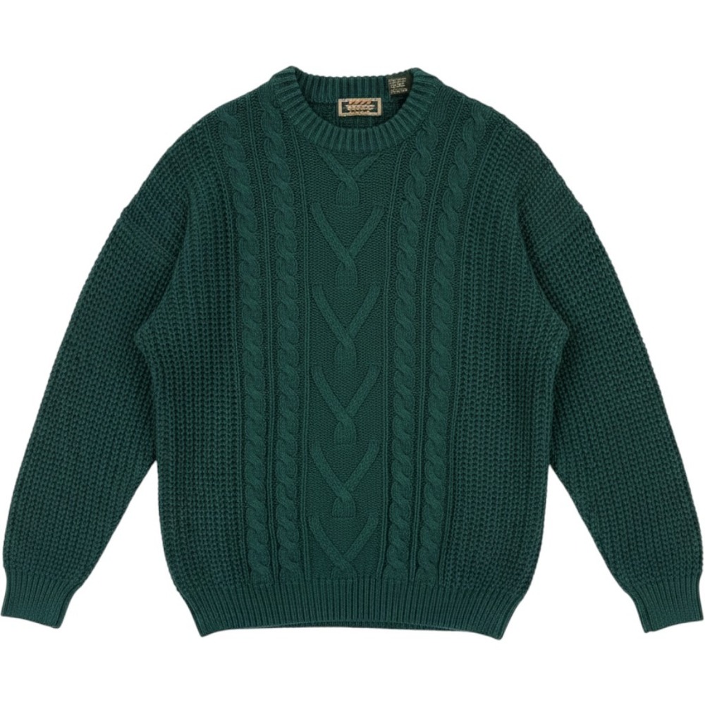 Vintage 90s Hunting Horn Cable Knit Sweater Dark Green Medium Chunky Academia